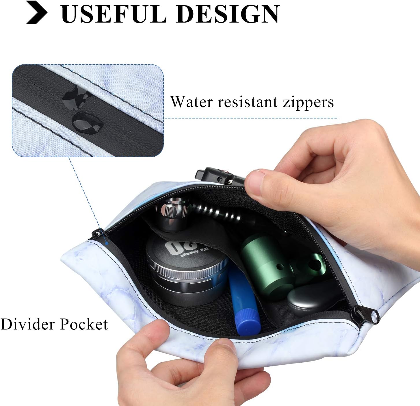 Stasheeze Smell Proof Bag 24x15cm Carbon Lined TSA Lock Water Proof Portable UK Marble Blue Container Pouch with Lockable Zip