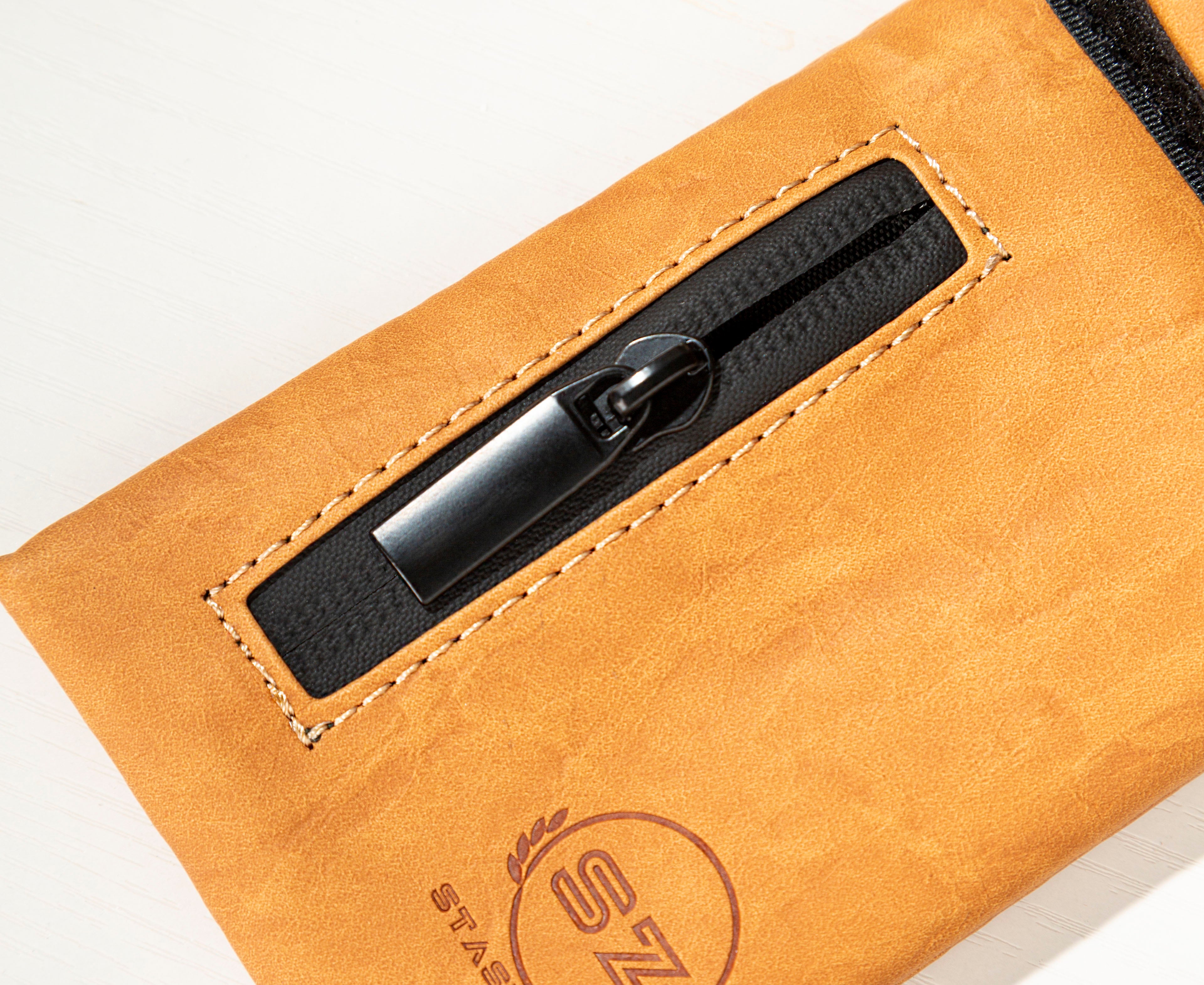 Stasheeze Smell Proof Bag Rolling 15x8cm TSA Lock Secure Holder Water Proof UK Brown Carbon Lined Multi Layered Pouch Container Leather With Zip Storage