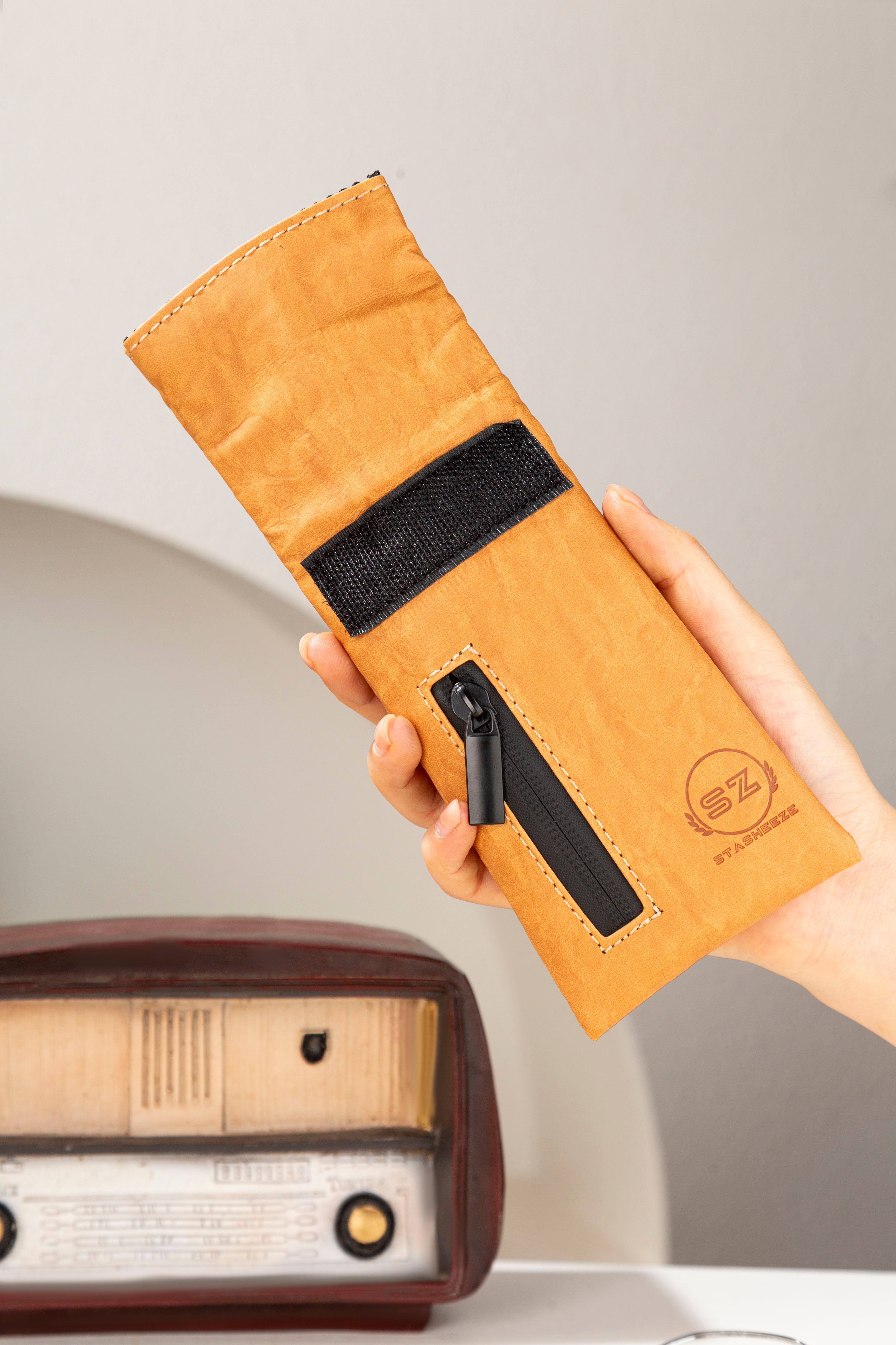 Stasheeze Smell Proof Bag Rolling 15x8cm TSA Lock Secure Holder Water Proof UK Brown Carbon Lined Multi Layered Pouch Container Leather With Zip Storage