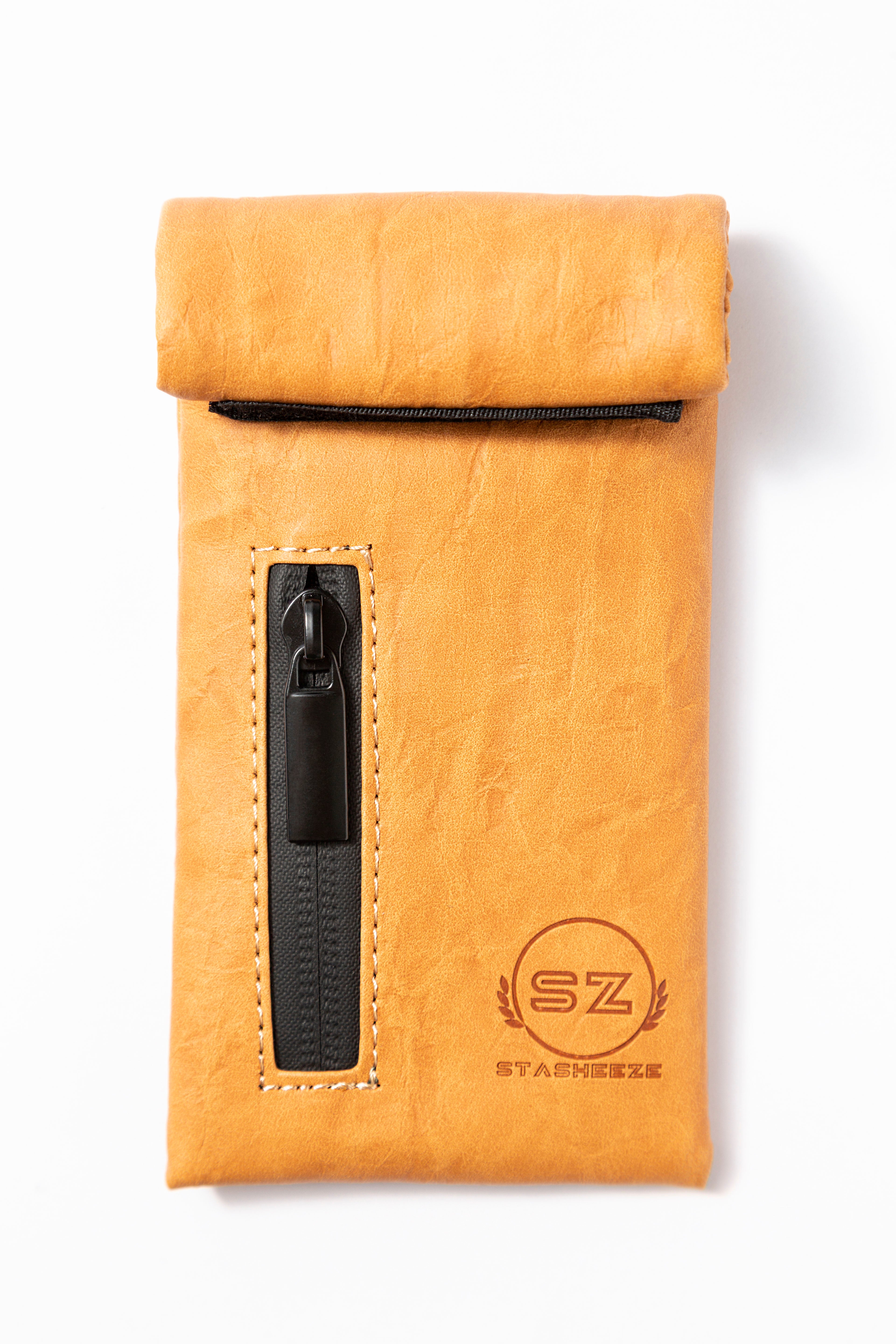 Stasheeze Smell Proof Bag Rolling 15x8cm TSA Lock Secure Holder Water Proof UK Brown Carbon Lined Multi Layered Pouch Container Leather With Zip Storage