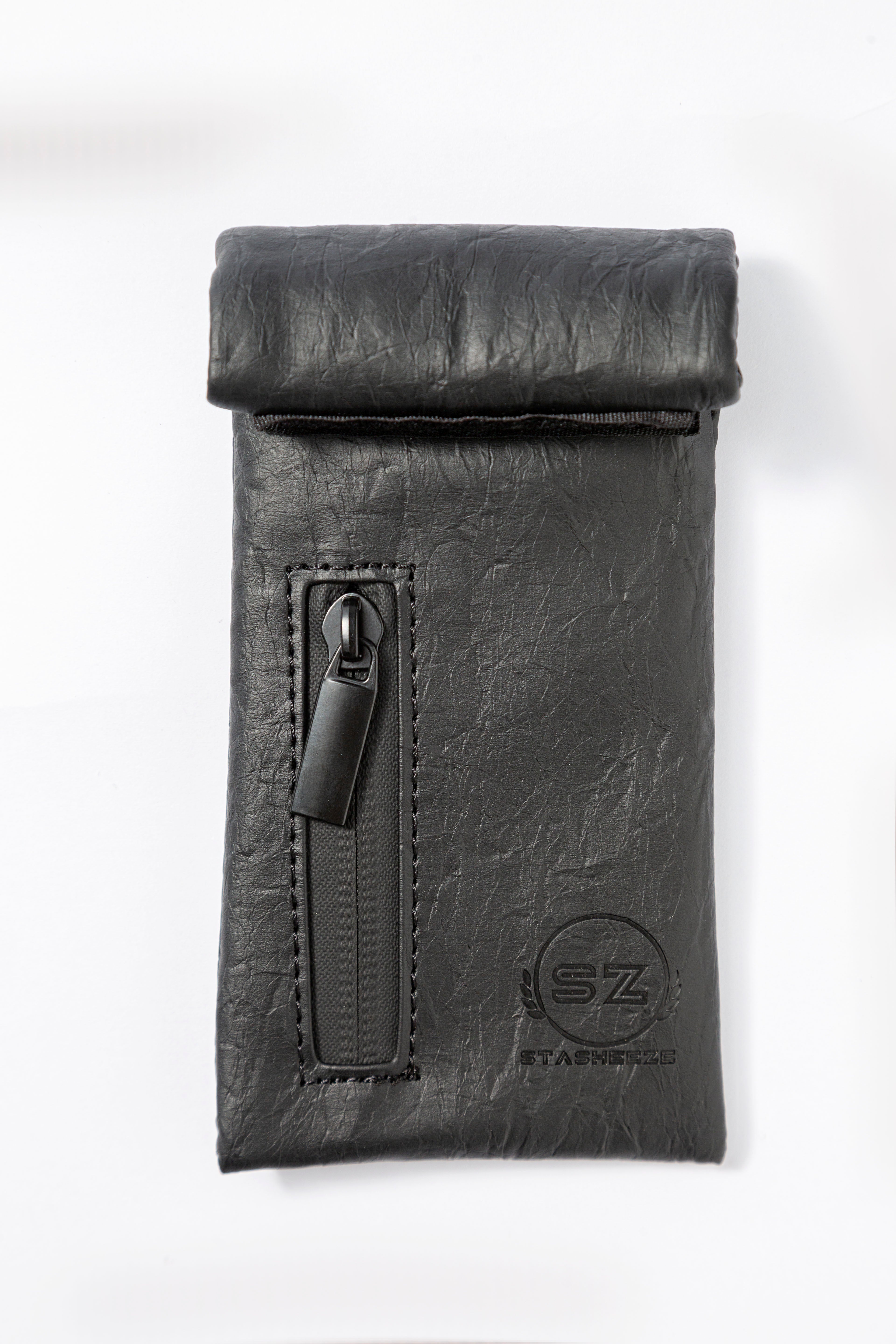 Stasheeze Smell Proof Bag Rolling 15x8cm TSA Lock Secure Holder Water Proof UK Black Carbon Lined Multi Layered Pouch Container Leather With Zip Storage