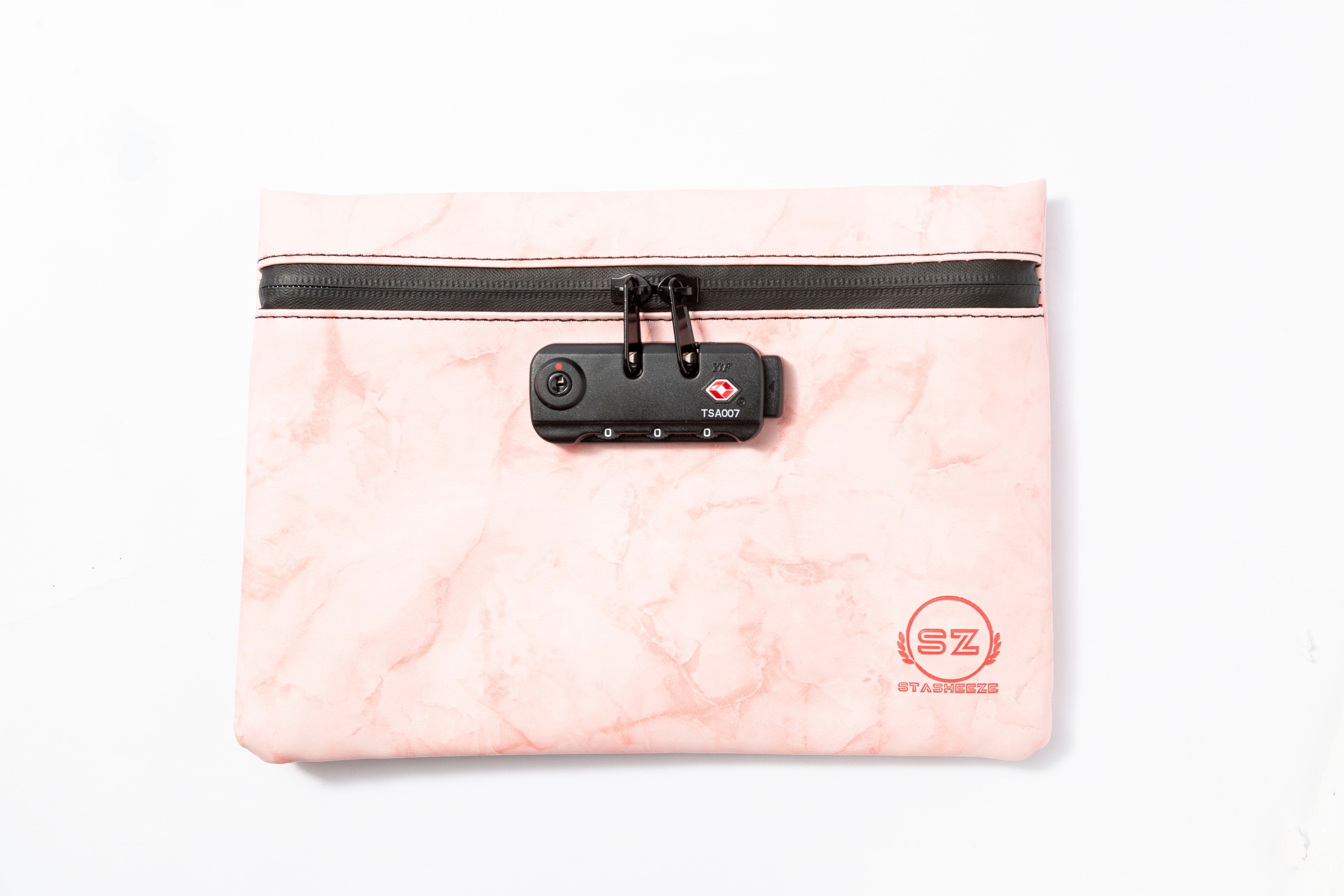 Stasheeze Smell Proof Bag 24x15cm Carbon Lined TSA Lock Water Proof Portable UK Marble Pink Container Pouch with Lockable Zip