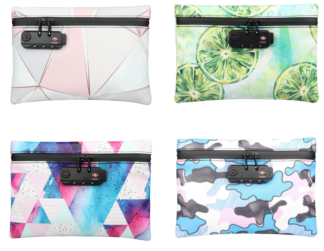 Stasheeze Smell Proof Bag 24x15cm Carbon Lined TSA Lock Water Proof Portable UK Camo Lemons Prisms Designs Odour Proof