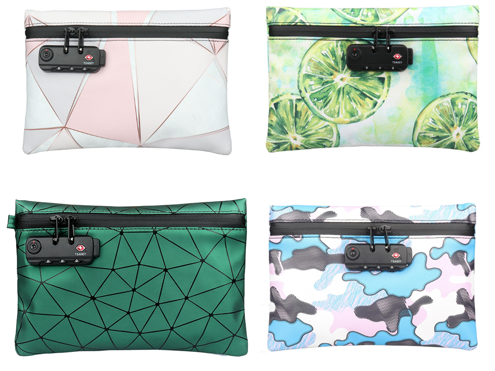 Stasheeze Smell Proof Bag 24x15cm Carbon Lined TSA Lock Water Proof Portable UK Camo Lemons Prisms Designs Odour Proof