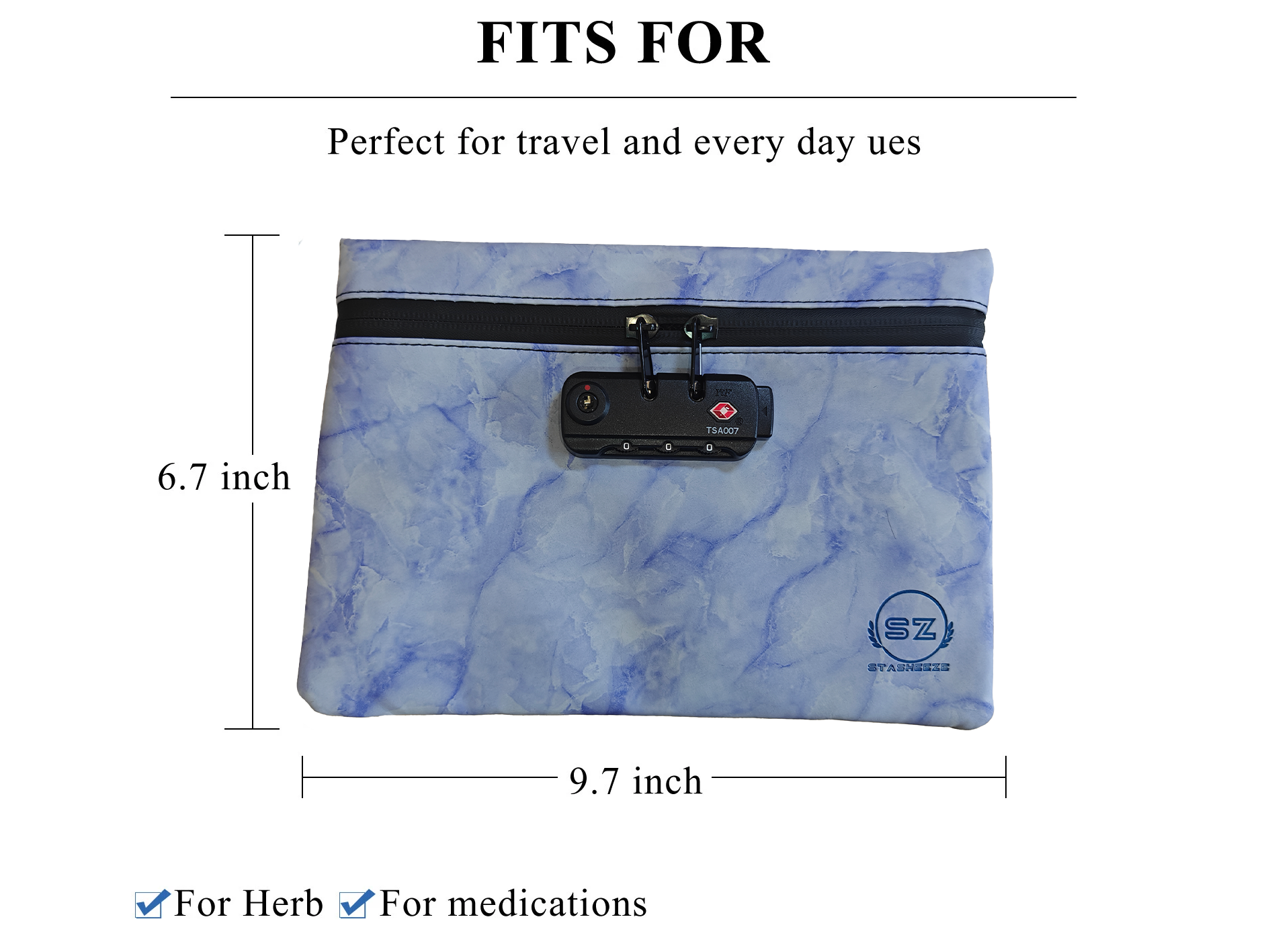 Stasheeze Smell Proof Bag 24x15cm Carbon Lined TSA Lock Water Proof Portable UK Marble Blue Container Pouch with Lockable Zip