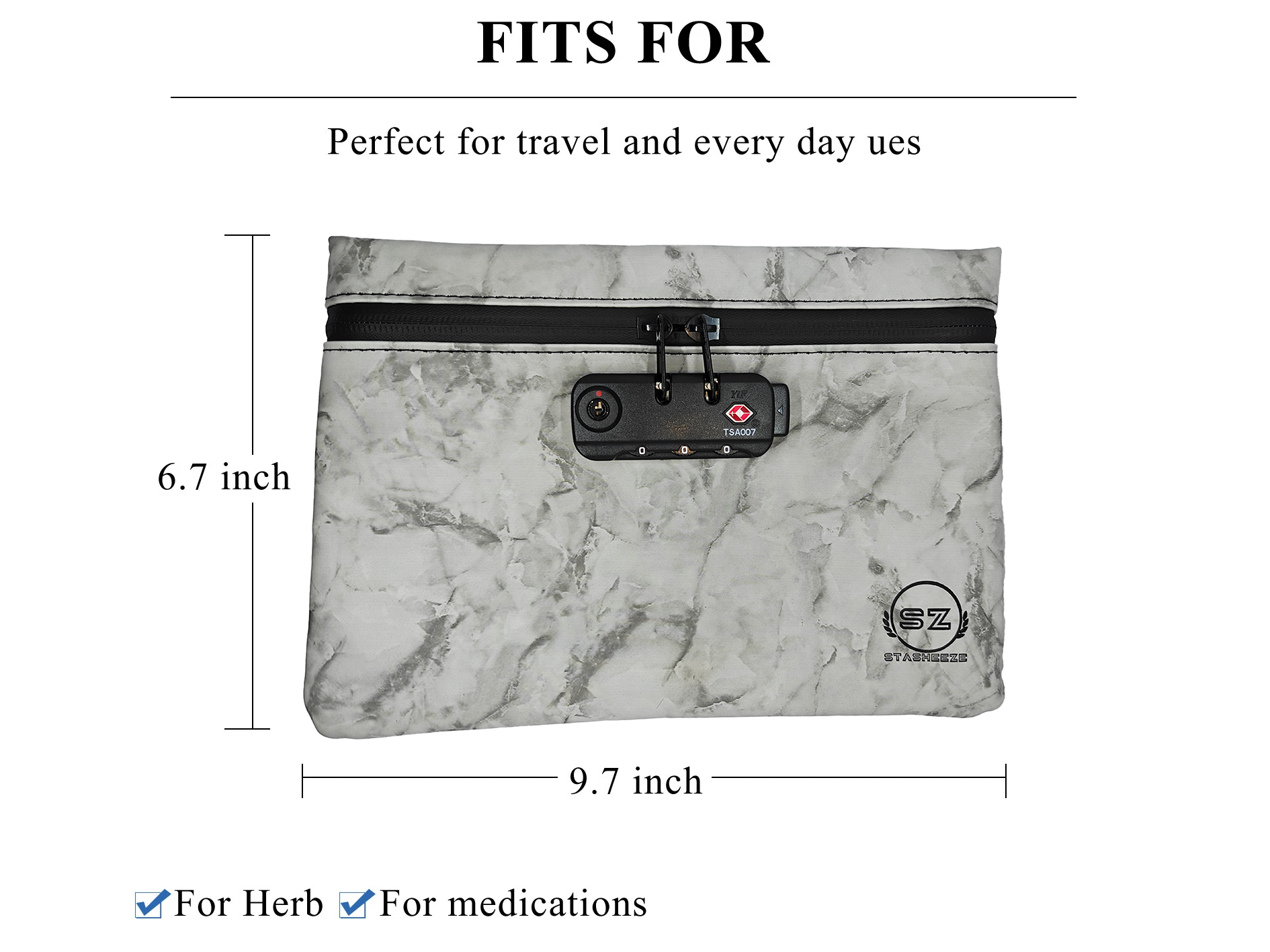 Stasheeze Smell Proof Bag 24x15cm Carbon Lined TSA Lock Water Proof Portable UK Marble White Container Pouch with Lockable Zip