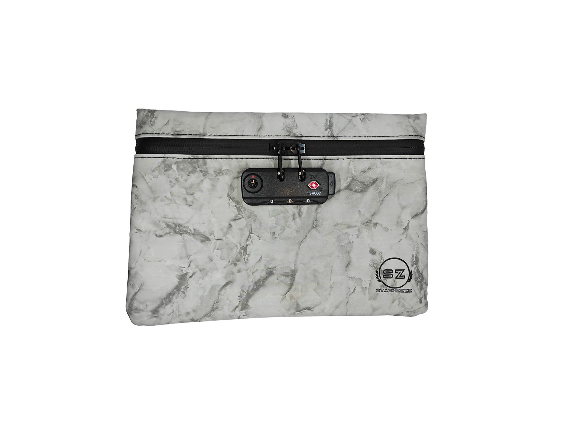 Stasheeze Smell Proof Bag 24x15cm Carbon Lined TSA Lock Water Proof Portable UK Marble White Container Pouch with Lockable Zip