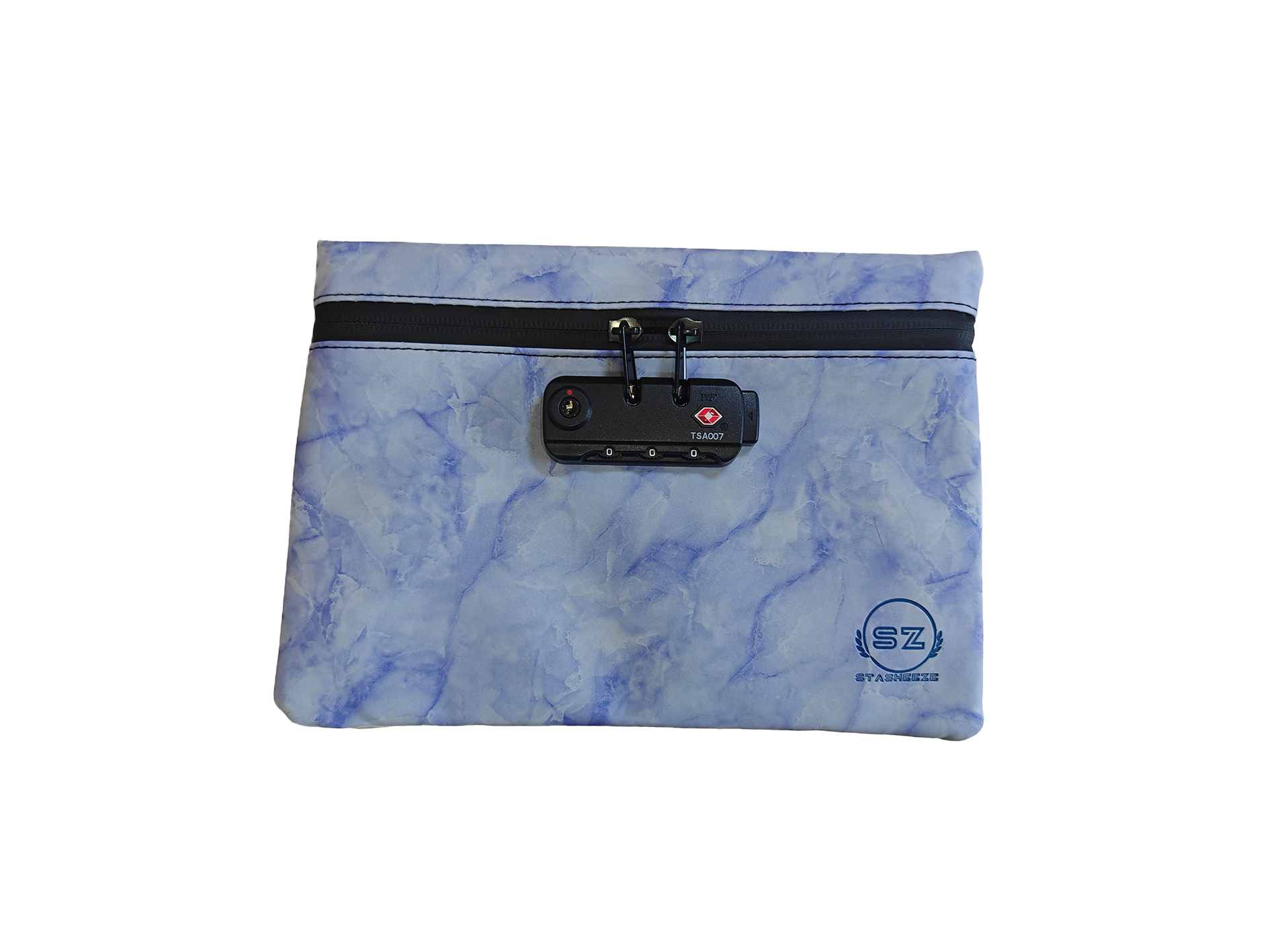 Stasheeze Smell Proof Bag 24x15cm Carbon Lined TSA Lock Water Proof Portable UK Marble Blue Container Pouch with Lockable Zip